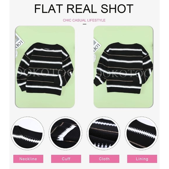 Womens Color Block Sweaters Long Sleeve Crewneck Pullover Knit Jumper Tops - Picture 3 of 4